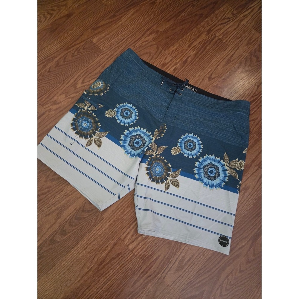 ONeill Hyperfreak Mens Board Shorts Blue Floral Sunflower Striped Trunks Size 40